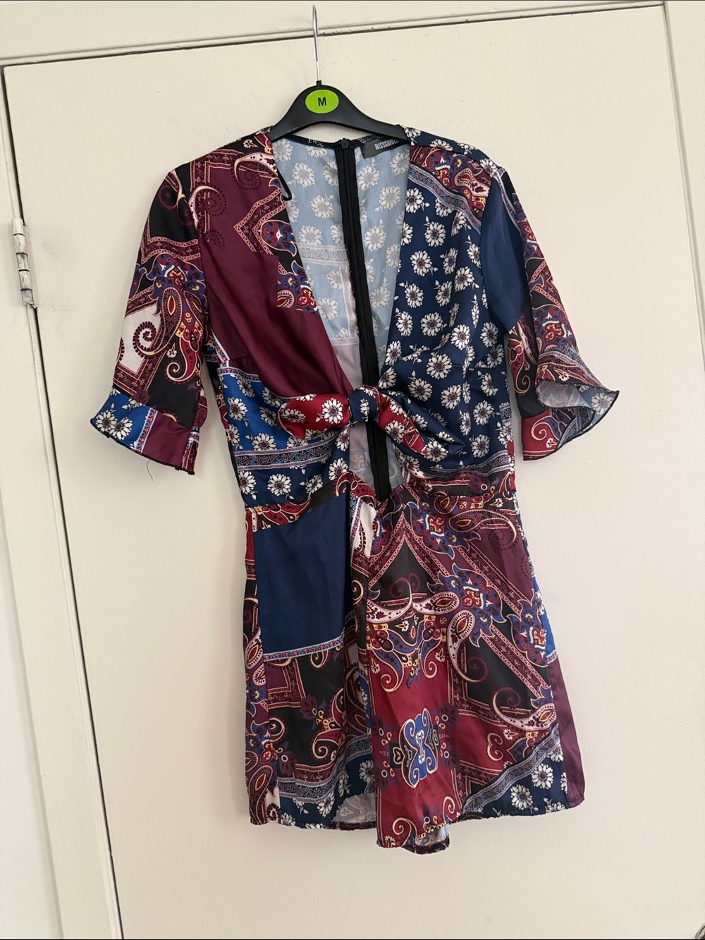 Boho Patchwork Tie-Front Romper in Burgundy & Navy